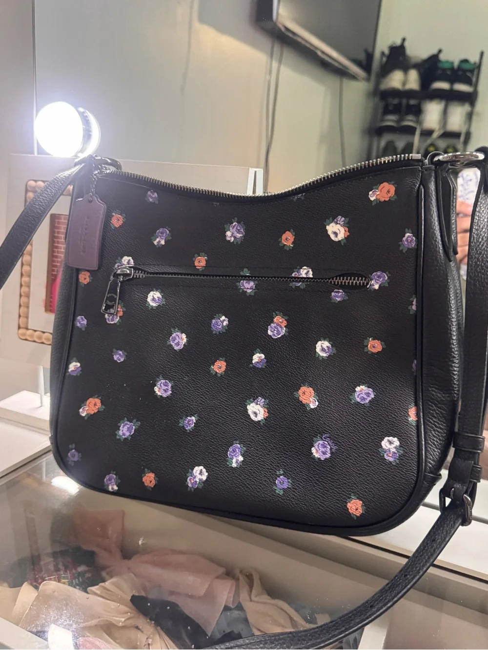 Coach Black Leather Shoulder Bag with Multicolor Floral Print